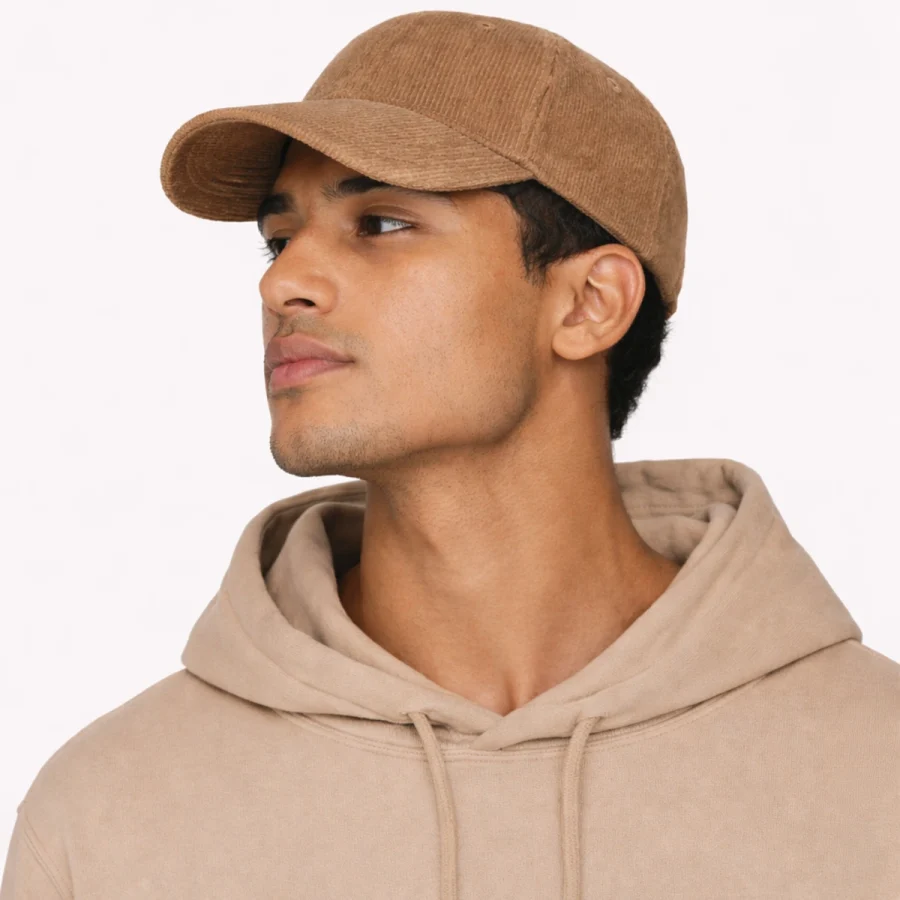 Homem a usar boné Bombazine 6 Panel ECO castanho.
