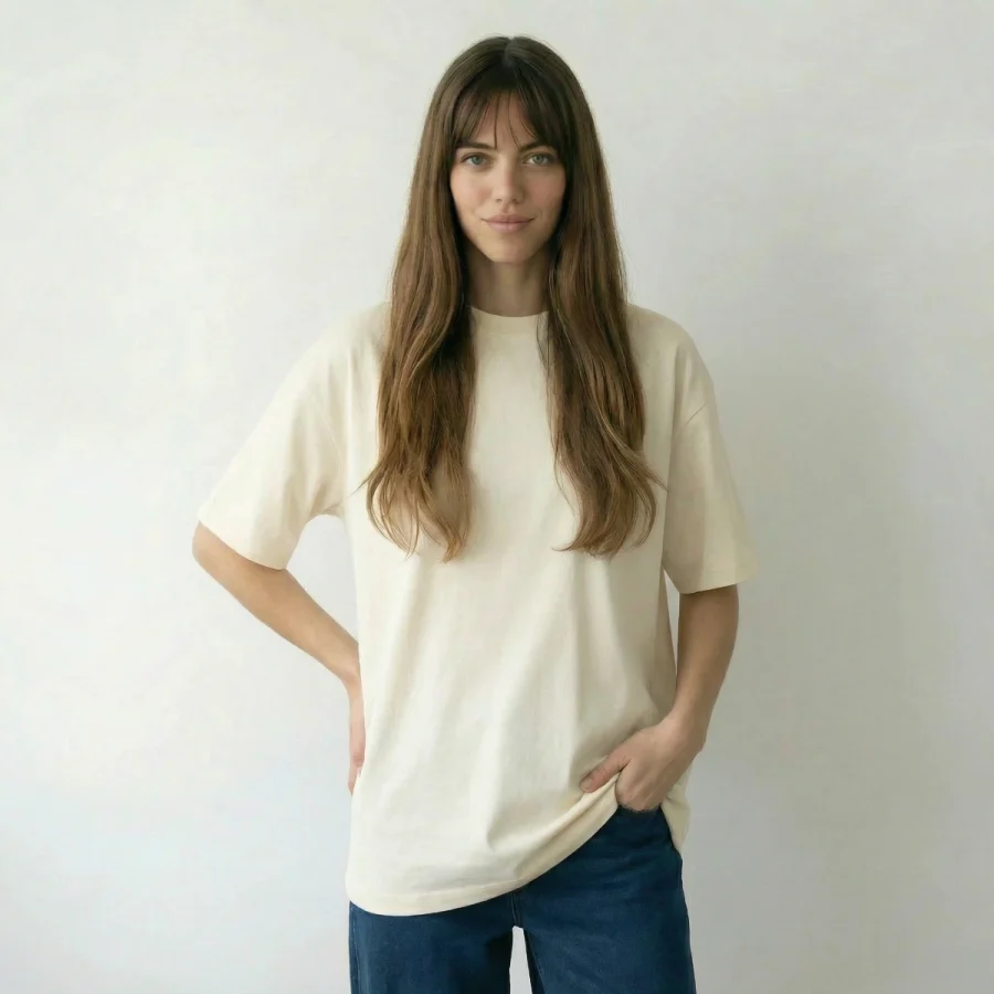 Mulher com t-shirt Over Relaxed Fit bege e calças de ganga.