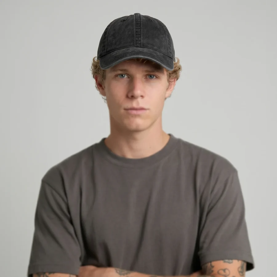 Acid wash cap with 6 panels in dark grey tones.