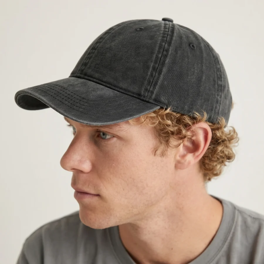 Dark grey baseball cap with acid wash effect, 6 panels.