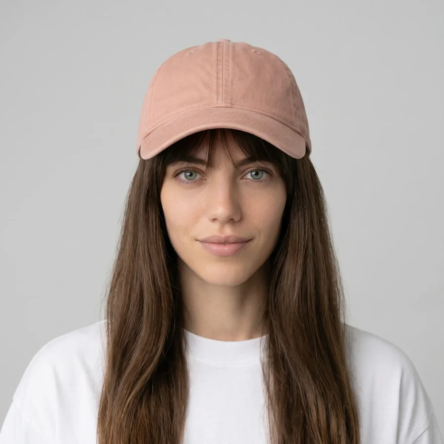 Woman with a pink acid wash cap and white t-shirt on a gray background.