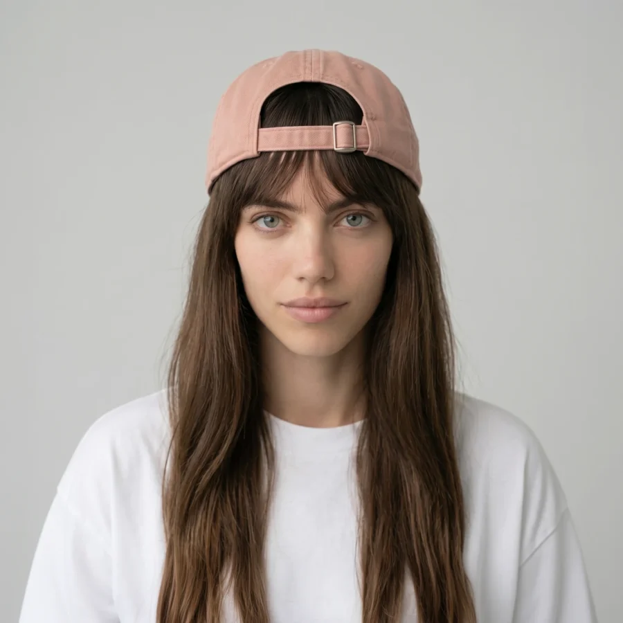 Pink six-panel cap, acid wash style, on a woman with brown hair and a white t-shirt.