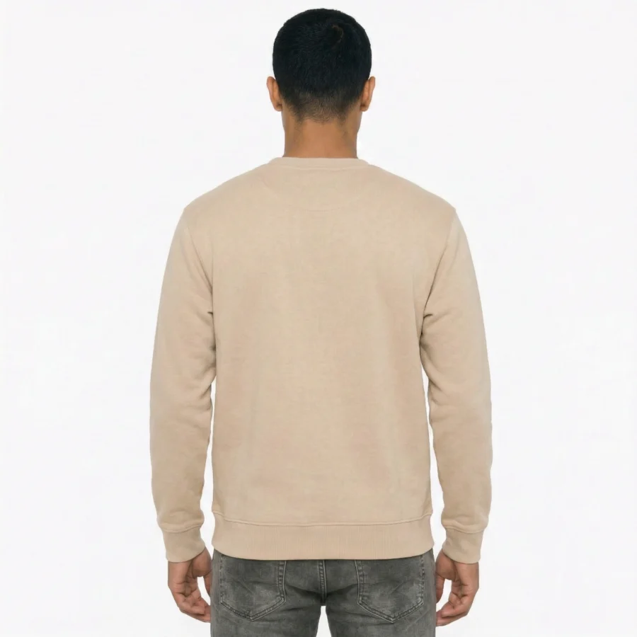 Man wearing a beige long-sleeve sweatshirt, back view.