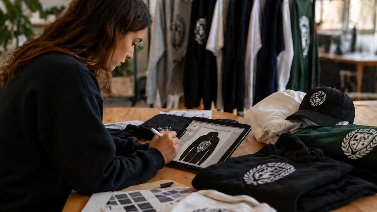Woman designing a print for custom university clothing.