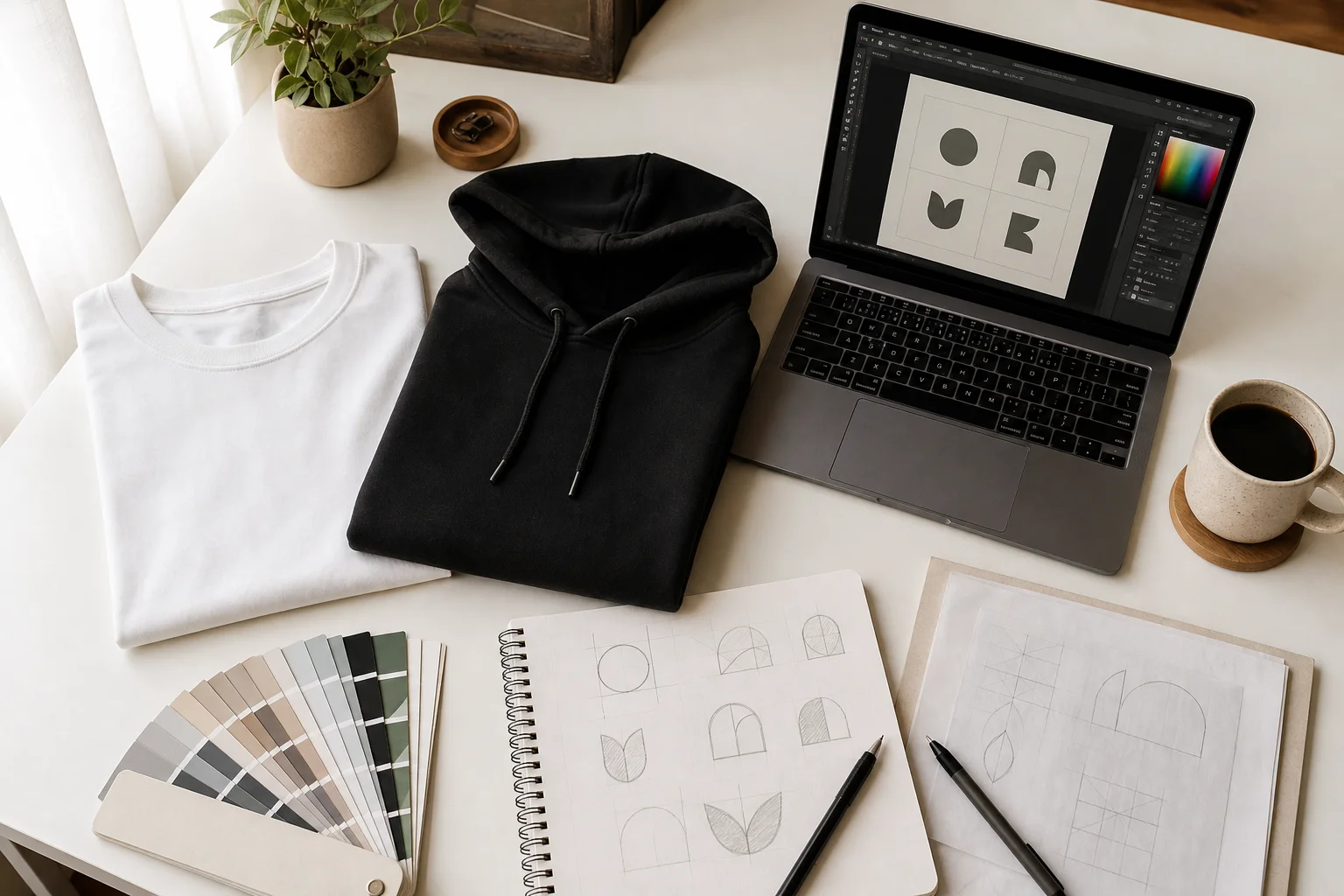 Clothes ready for customization, a laptop with graphic design software, a color palette, and print sketches on a table.