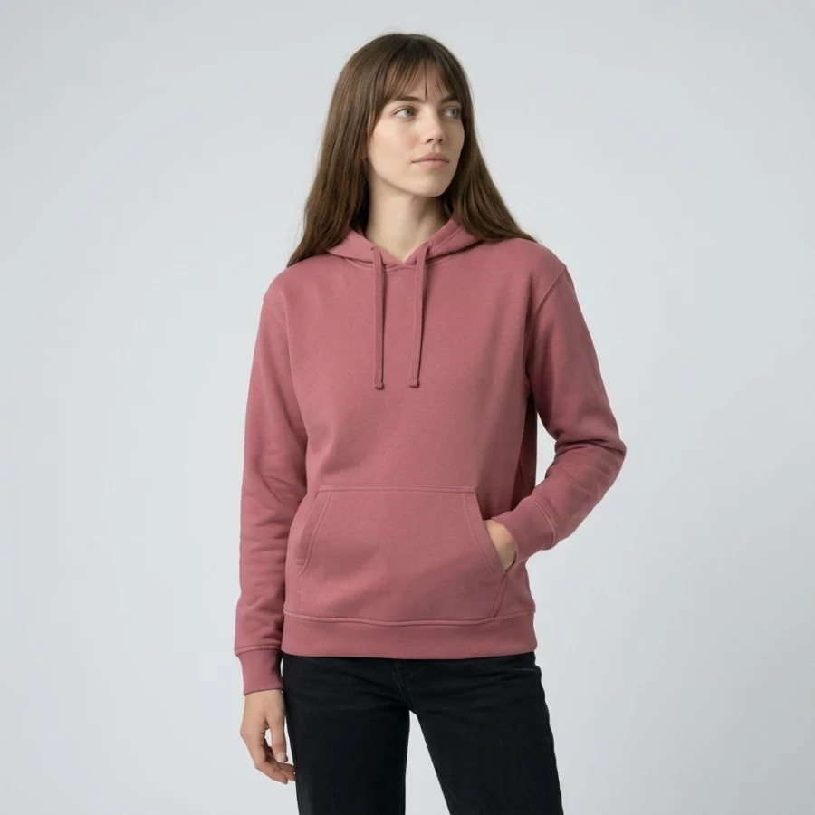 Mulher com cabelo castanho a usar hoodie unisexo rosa com cós e bolsos.
