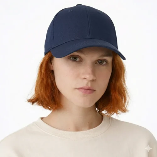 Mulher com cabelo ruivo a usar boné de pala azul escura e camisola bege.