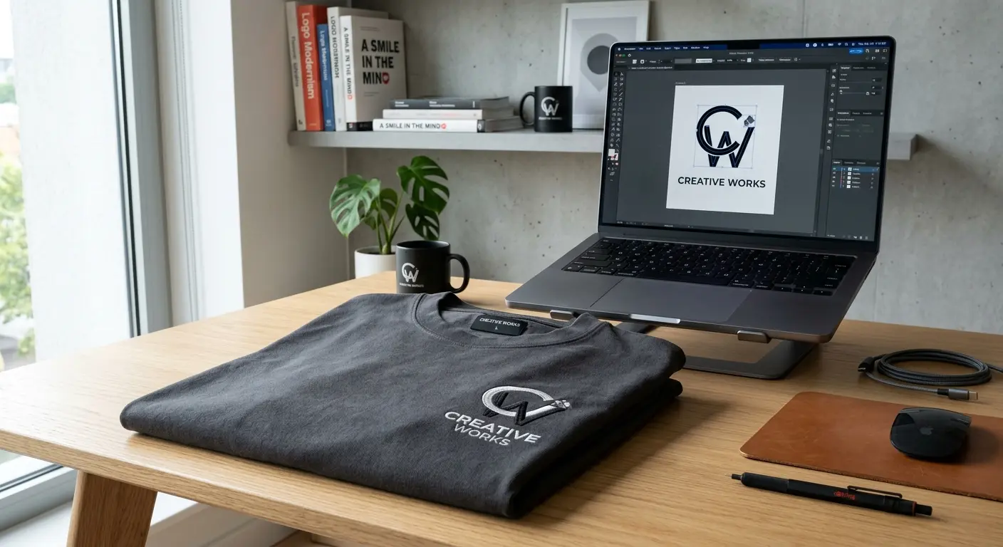 Custom t-shirt on a wooden table with a laptop beside it, preparing a file for printing.