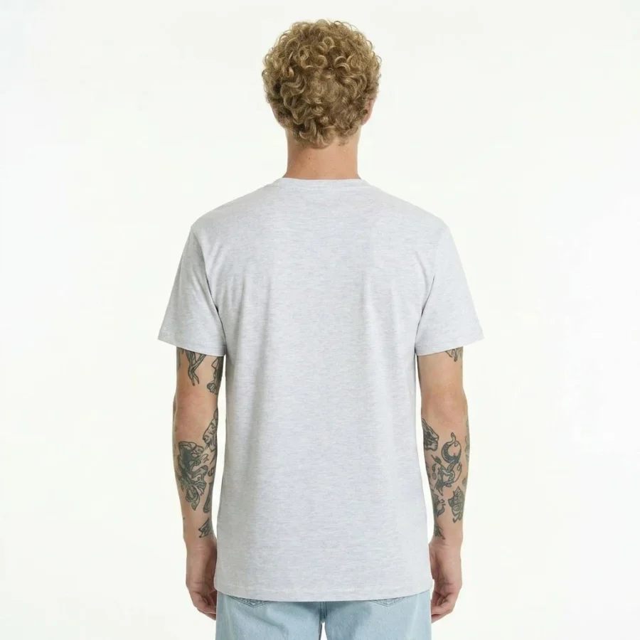 Light gray basic regular t-shirt, back view. Man with tattoos on his arms.
