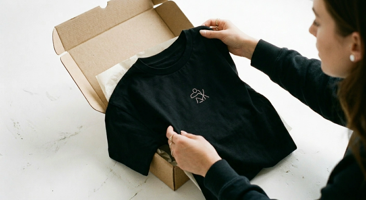 Woman holding a custom black t-shirt with embroidery, coming out of a cardboard box.