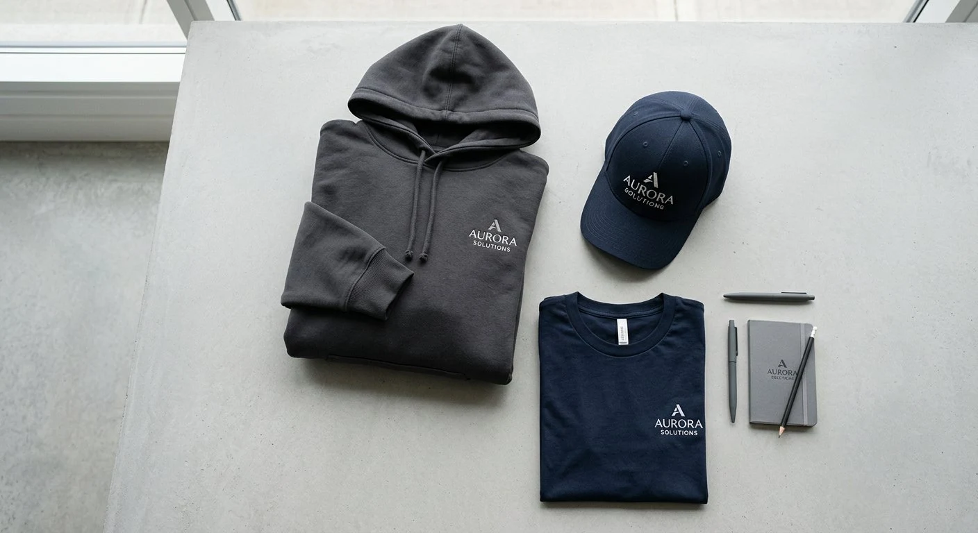 Custom clothing and accessories with logo, including a hoodie, t-shirt, cap, notebook, and pens.