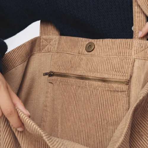 Detalhe de bolso de saco em cor-de-rosa claro com cordões e fecho éclair.
