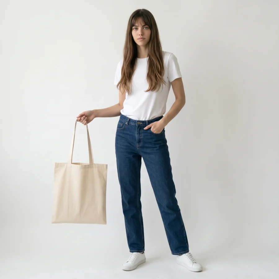 Customizable bamboo tote bag, natural color, held in hand