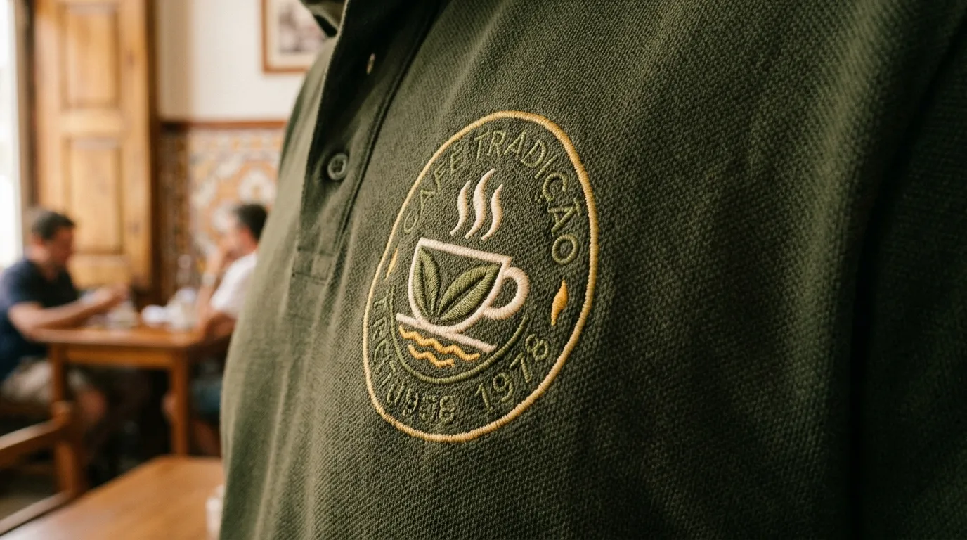 Green uniform polo with embroidered logo for a caf&eacute;, an example of custom uniforms for restaurants