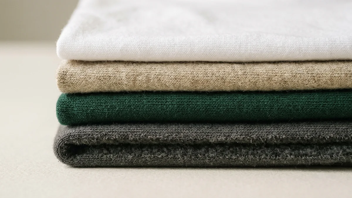 Four cotton fabrics folded and stacked, from thinnest to thickest, in white, beige, dark green, and gray