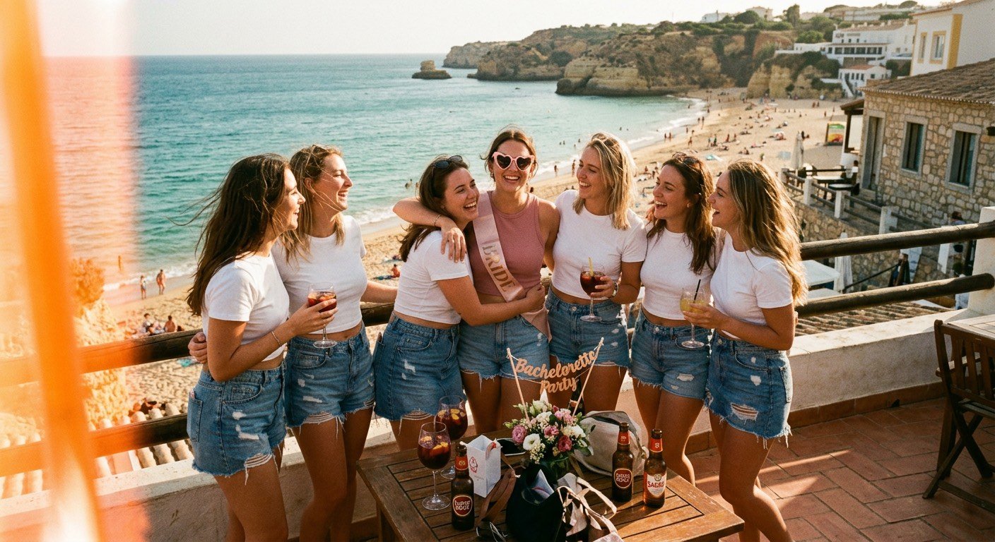 Grupo de amigas numa despedida de solteira com t-shirts e tops personalizados iguais, numa esplanada junto à praia