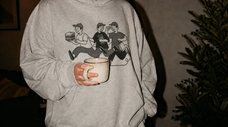 Hoodie cinzento com estampagem personalizada e caneca na mão, ao lado de uma árvore de Natal