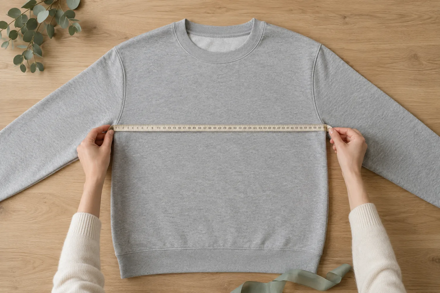 Sweat estendida numa mesa com uma fita métrica de axila a axila