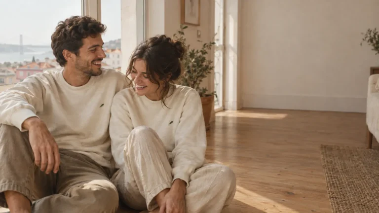 Casal com sweats creme personalizadas, com um pequeno bordado verde no peito