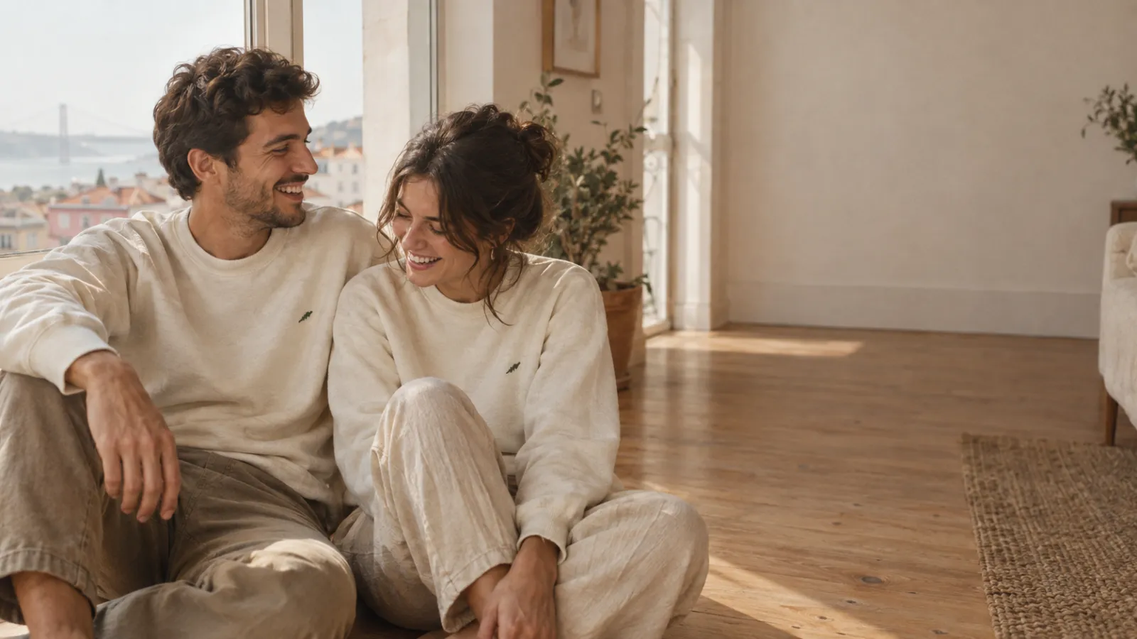Casal com sweats creme personalizadas, com um pequeno bordado verde no peito