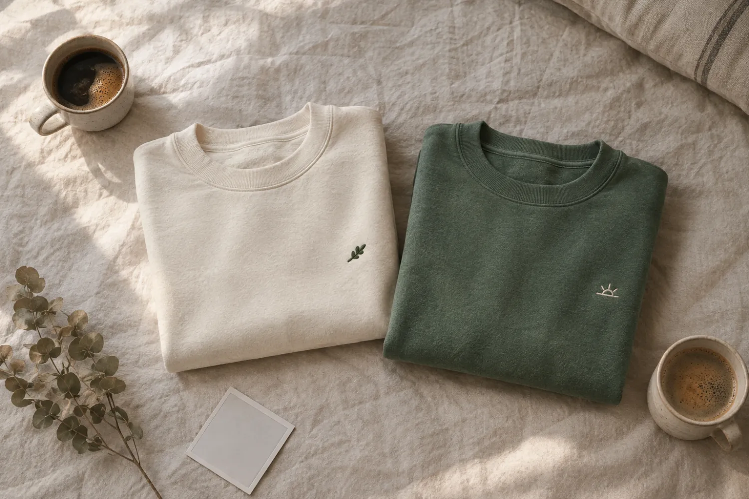 Duas sweats dobradas lado a lado, creme e verde-musgo, com pequenos bordados no peito