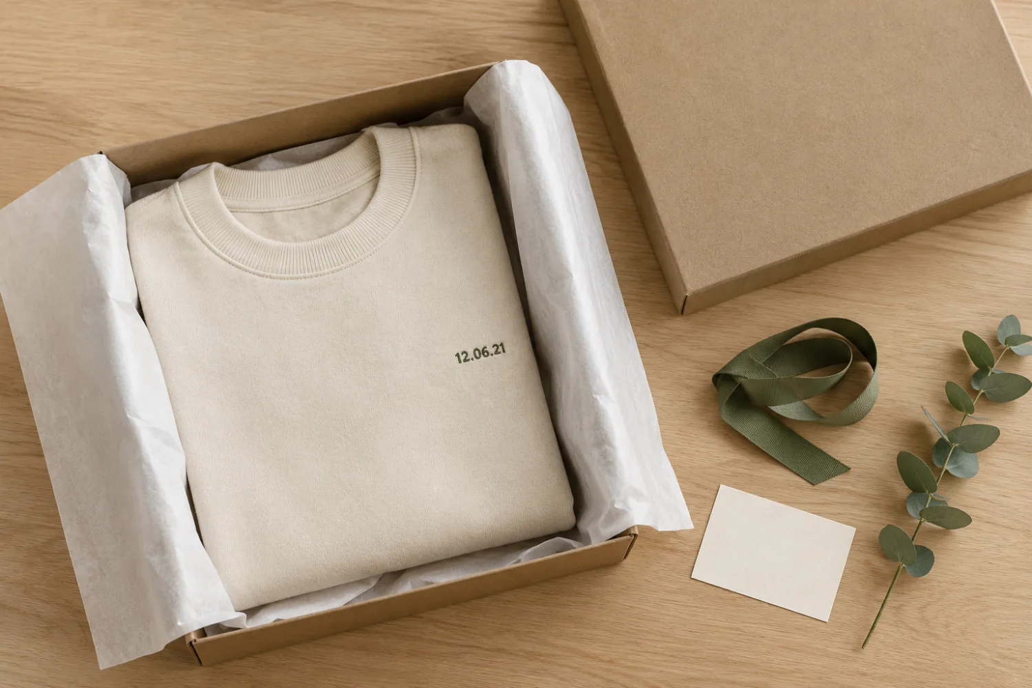 Sweat personalizada dobrada em papel de seda dentro de uma caixa de oferta